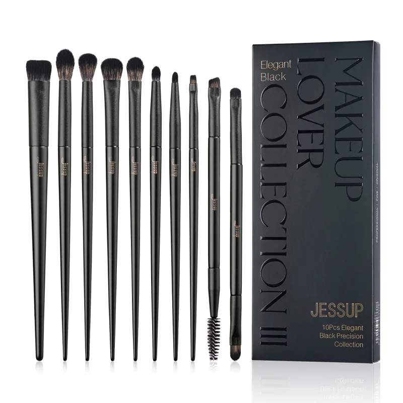 Jessup Eyeshadow Brushes Set 10pcs Eye Brush Shadow Blending Flat Liner Crease Duo-end Brow Spoolie Broach Elegant Black T337