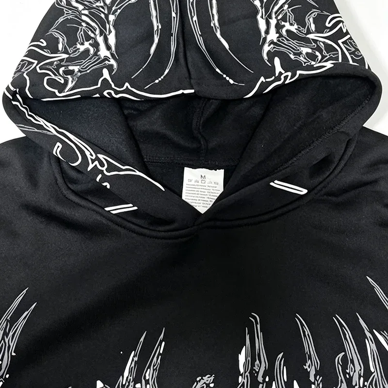 Men Alt Gothic Pullover Hoodie Y2k High Street American Style Dark Thorn Print Fleece Lined Loose Biker Fall Winter Sweatshirt