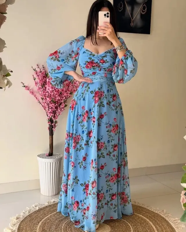 2025 Spring Summer American New Fashion Women's Printed Lace V-neck Long Sleeve Ankle Length Casual Trendy Chiffon Dress Female