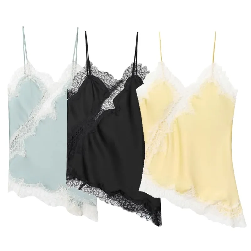 2025 Babae Asymmetrical Slip Top Babae Sexy Black Yellow Blue Top Lace Tanks & Camis Chic Y2K Sleeveless Backless Camisole