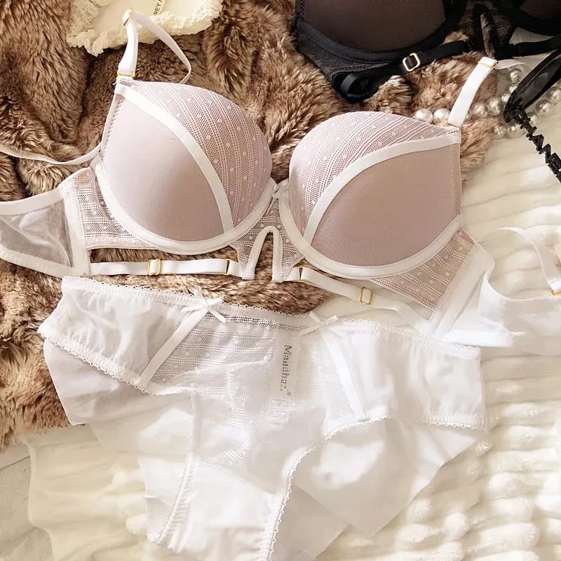 Sexy Hollow Underwear Set for Women 3/4 Cup Push Up Bra Lace Splicing Color Brassiere and Panties Ladies Intimates Lingerie — image 8