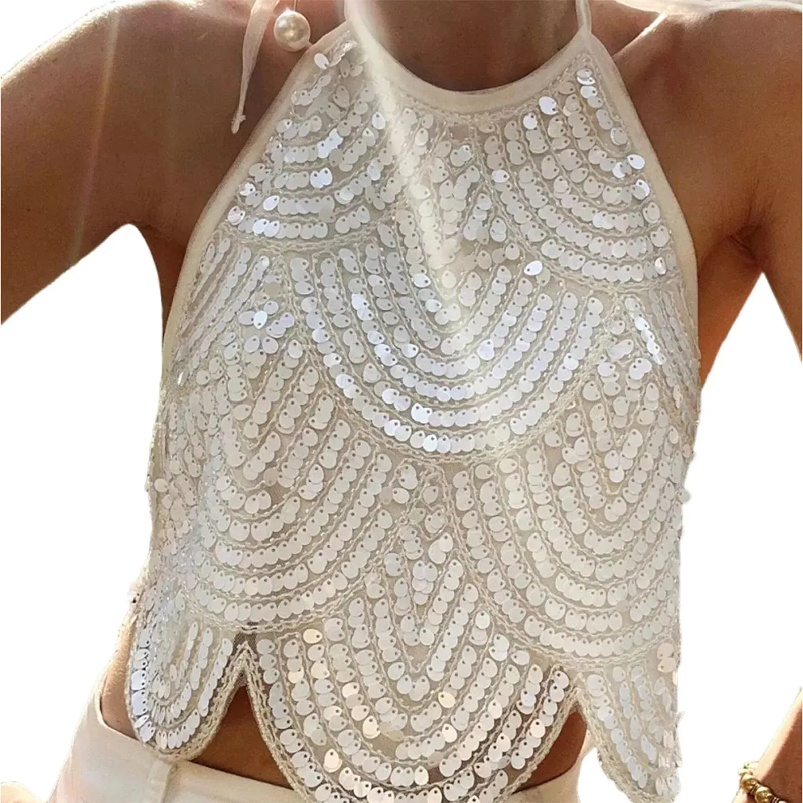 Sexig grimma paljettlinne för damer Backless Tie Up Sexig Sparkly Crop Top Ärmlös Glitter Party Toppar Klubbkläder