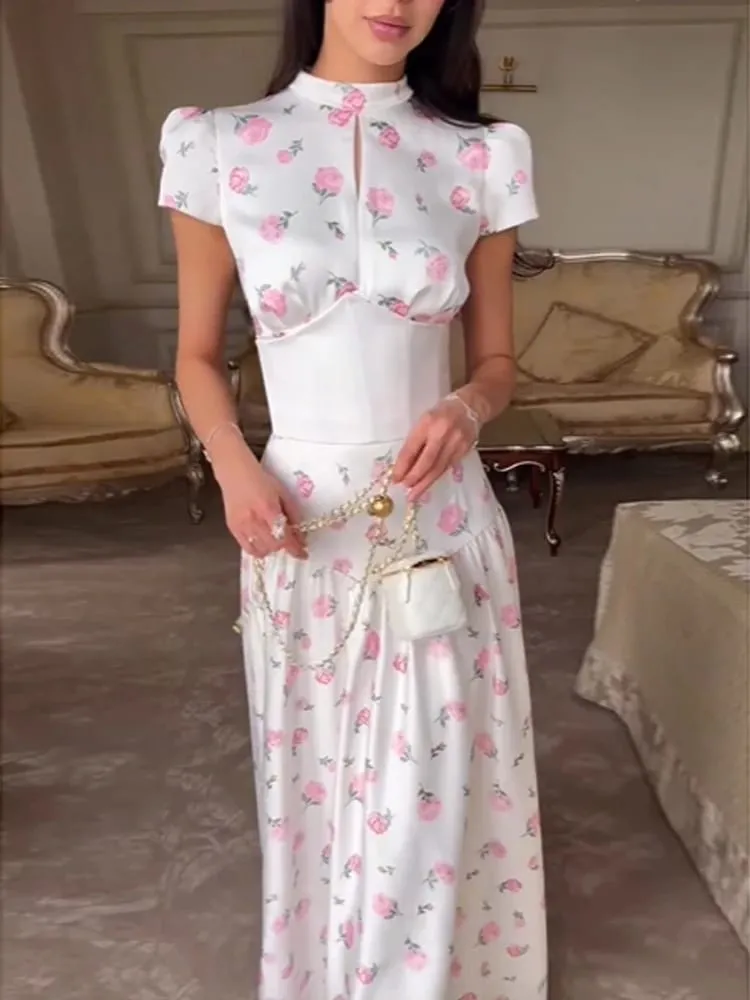Organza Floral Printed Maxi Dress Fashion V-neck Puff Sleeve 2026 Spring/summer Romantic Women Party Gown Elegant Lady Vestidos