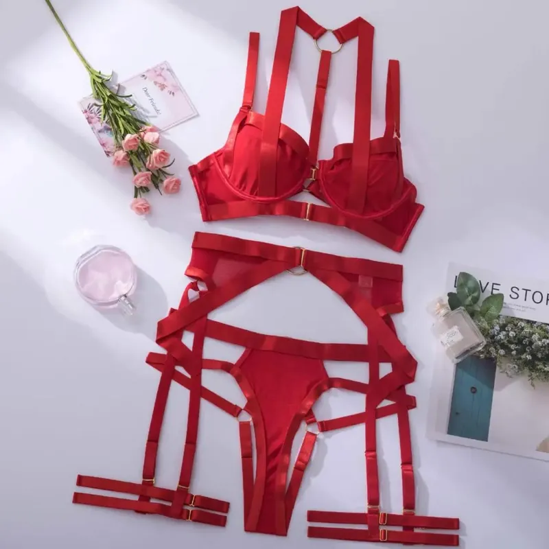 Bra + Panties + Garter +Thigh Circumference Black Red Hollow Out Transparent Sexy Women Underwear Sets Push Up Lingerie Suits
