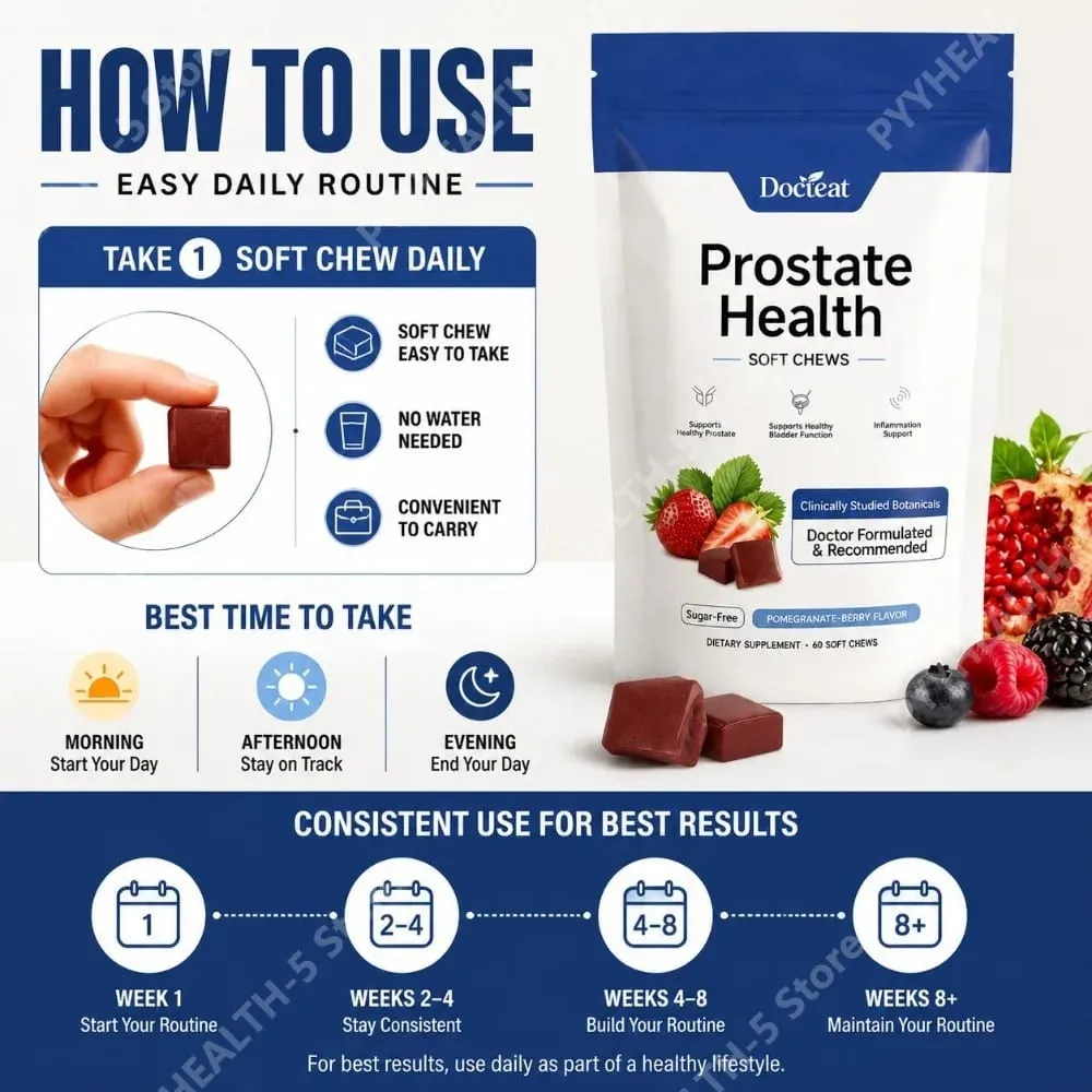 Docteat Prostate Health Soft Chews Sugar-Free with Vitamin C Zinc and Selenium for Immune System Balance 60 Soft Chews