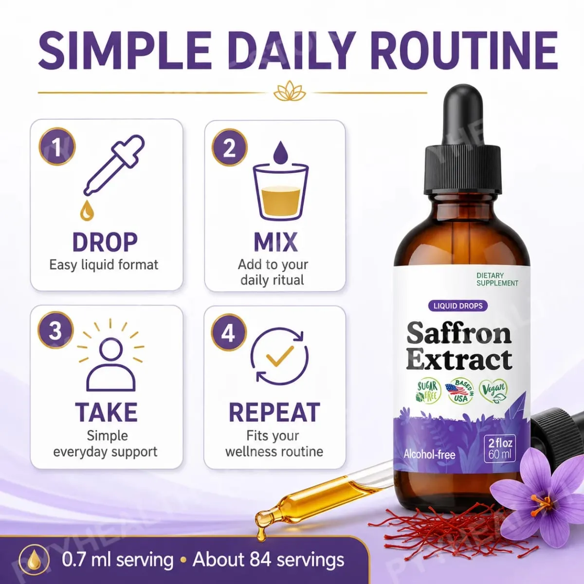 Saffron Supplements 88.5mg - Mood Focus & Eye Support Saffron Extract Liquid Drops Mix with Tea Vegan Alcohol-Free 2 Oz