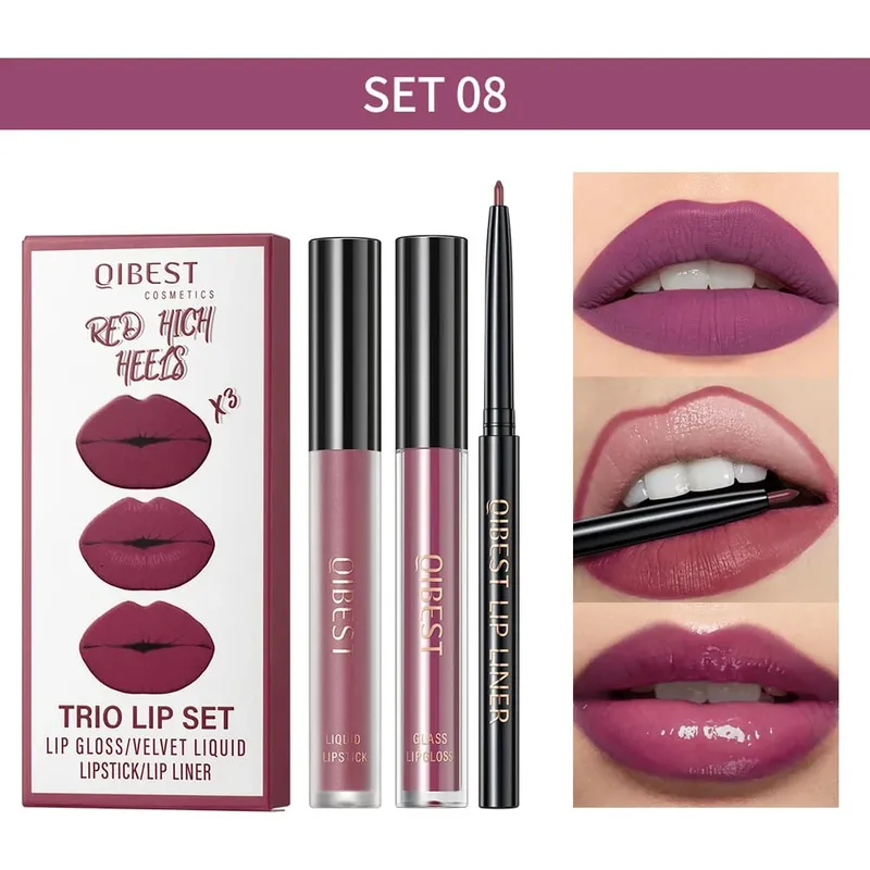 Matte Liquid Lipstick&Lip Liner&Lip Gloss 3Pcs Sets Long Lasting Non-stick Cup Red Black Purple Lip Tint Cosmetics Kits — image 10