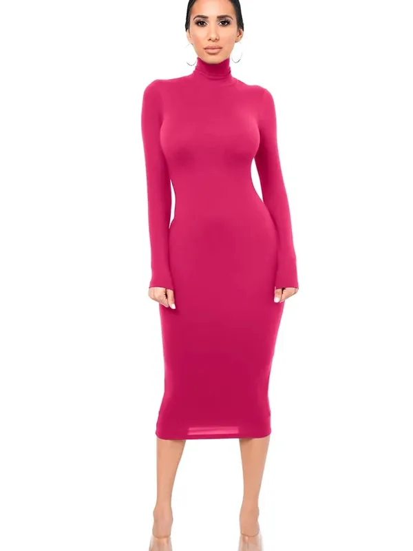 Vinter Svart Turtleneck Sexig Damklänning Höst Långärmad Skinny Midi Boydcon Casual Blå Plysch Knälång Party Club