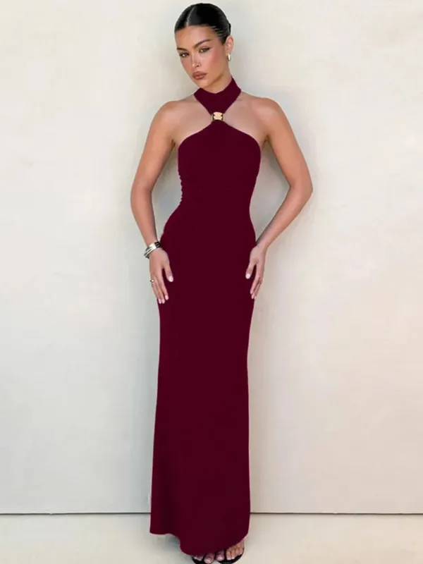 Balitops anel de ouro gola alta maxi tanque vestido feminino verão novo fino ajuste vestido feminino sem mangas volta dividir bodycon vestido longo