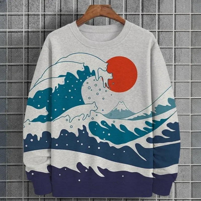 3D Print Ukiyoe Sea Wave Hoodie For Men Vintage Plant Graphic Pullover Autumn Long Sleeve Oversized Sweatshirt O-Neck Hoodies
