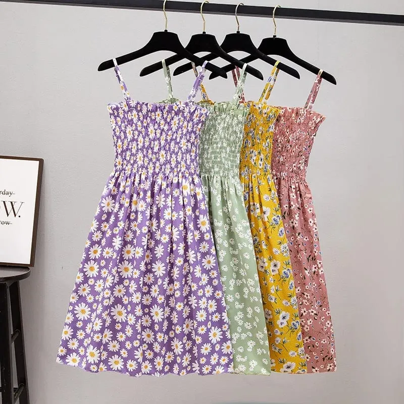 ฤดูร้อนมินิเดรสแฟชั่นหญิง Elastic High เอว Casual สปาเก็ตตี้สายคล้องคอผู้หญิงชุดชีฟอง Vestidos