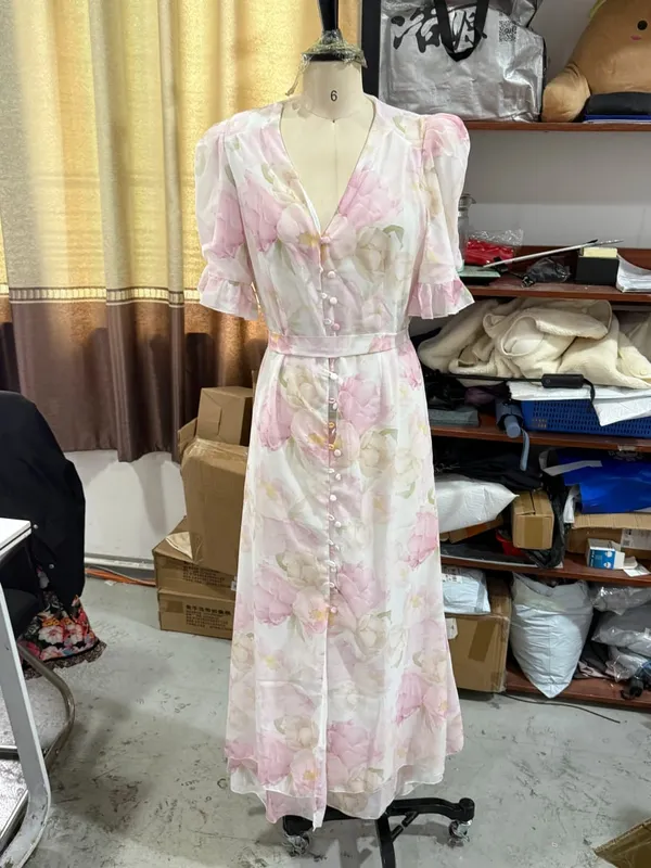 Organza Floral Printed Maxi Dress Fashion V-neck Puff Sleeve 2026 Spring/summer Romantic Women Party Gown Elegant Lady Vestidos