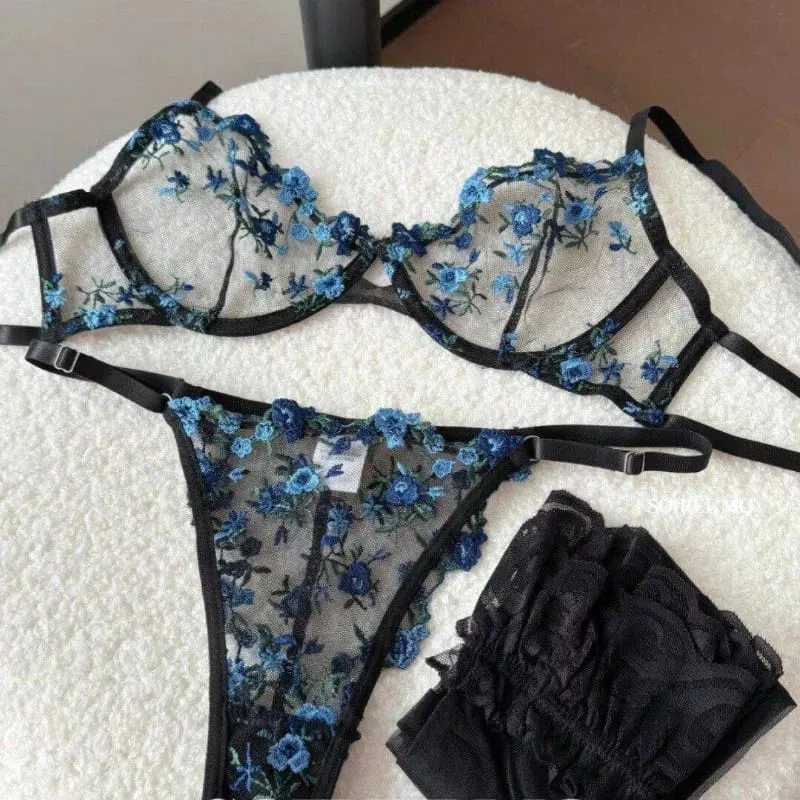European Women Alluring Sheer Lace Embroidery Underwire Bra Big Bust Support Minimize Anti‑Sagging Soft Lingerie S‑XL Bra Set