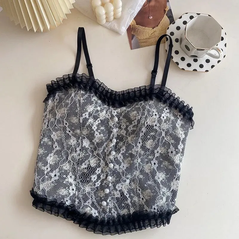Summer Print Lace Crop Tops Women's Cropped Aesthetic Vest Y2K Corset Tank Top Camisole Vintage Tanks Camis Fashion Streetwear