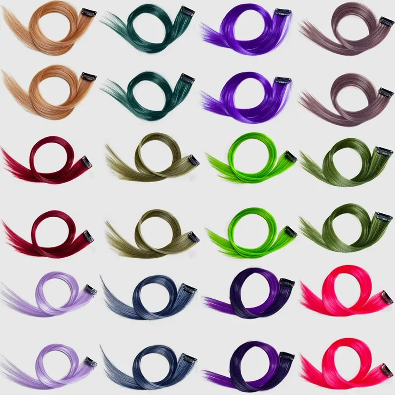สีสังเคราะห์คลิปในส่วนขยายของผมตรงไฮไลท์ผมริ้วสายรุ้งแขวนผมชิ้นวิกผมสำหรับผู้หญิงพรรค