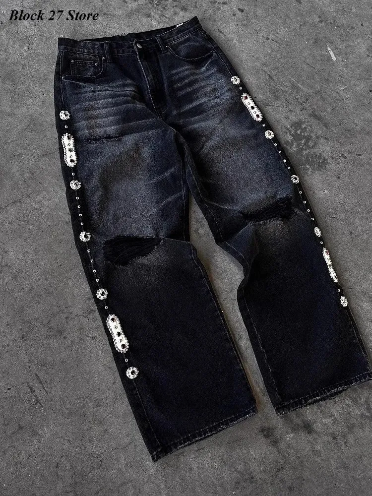 Mens Jeans Punk Vintage Streetwear Black Wide Leg Denim Pants Rhinestone Pearl Decor Ripped Distressed Loose Fit Y2K Fashion