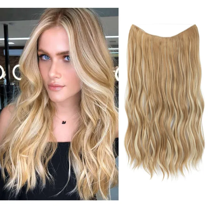 Synthetic Wave Invisible Wire With Clips Hair Extensions Fish Line Natural Blonde Clip In Hairpiece Fake Hair Piece