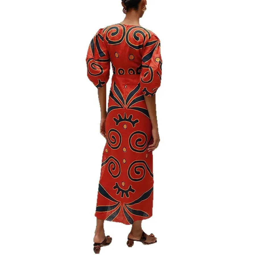 Summer Women Linen Material Long Dresses Fashion Chic Print Sexy V-neck Hollow Out High Waist Party Dress Lady Robes