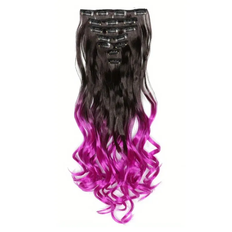Clip in Hair Extensions Ombre Color Synthetic 7pcs Set Wavy Curly Hairpieces Black to Purple For Women Girls