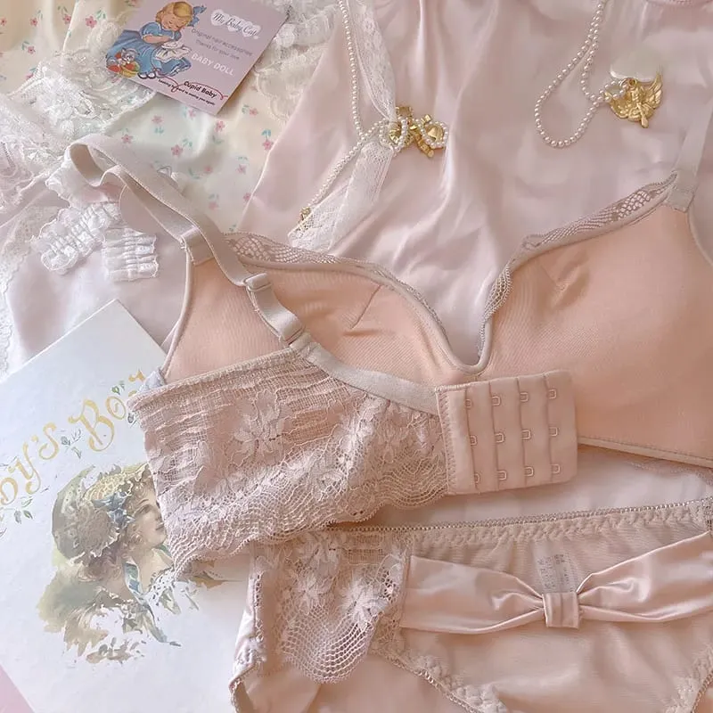 Ropa interior grande de pecho pequeño engrosada de princesa rosa, lencería de látex modal recogida para mujer, conjunto de bragas con lazo sin anillo de acero