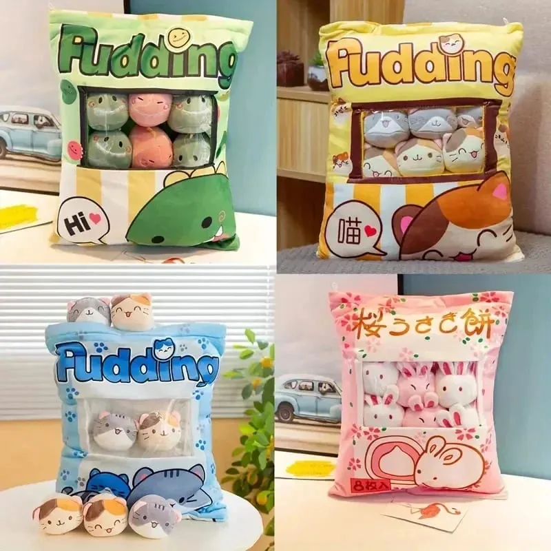 Cute Cat Rabbit Snack Pillow Pudding Decorative Stuffed with Mini Animal Cat Dolls Pudding Plush Toy Kawaii Plush Pillow Gifts