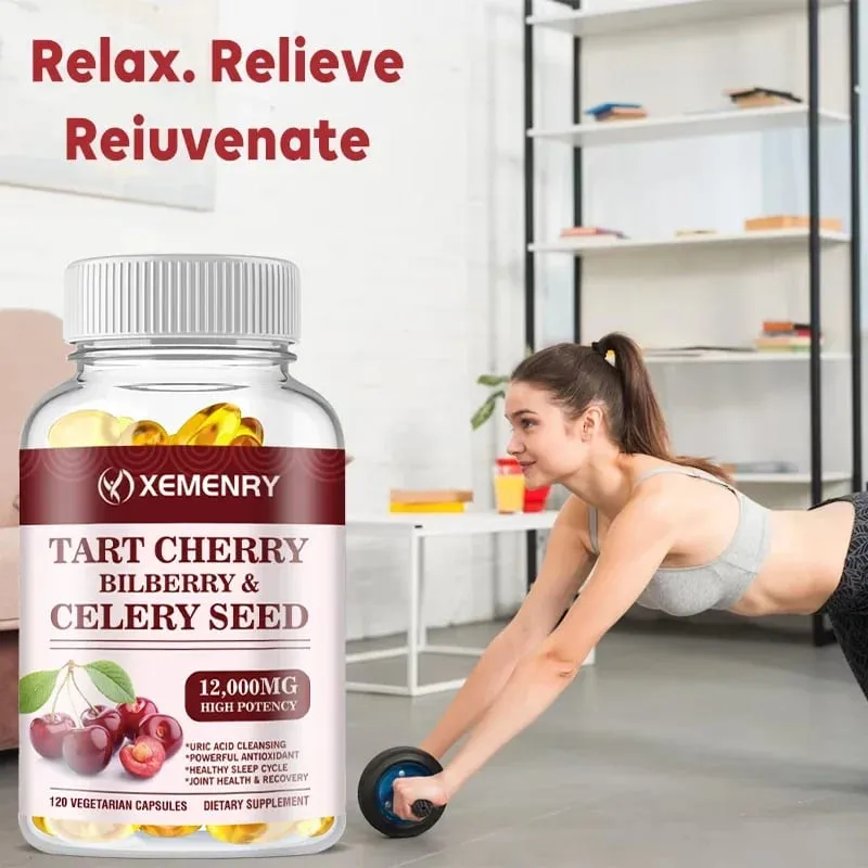 Organic Tart Cherry & Celery Seed Capsules - Uric Acid Cleanse Support Sleep & Joint Health Muscle Repair Supplement — image 1