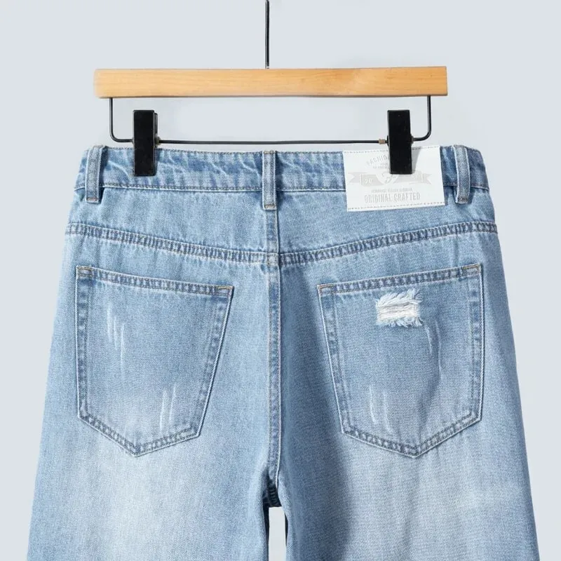 Summer Thin Ripped Jeans Mens Straight Breathable Washed Denim Trousers Casual Streetwear Harlen Ankle Length Pants Light Blue — image 5