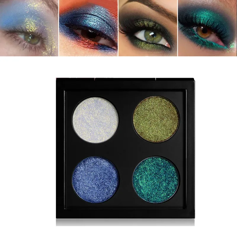 Paleta de sombras camaleão vegano de 4 cores, maquiagem de marca própria, atacado, logotipo personalizado, sombra de olhos com mudança de cor