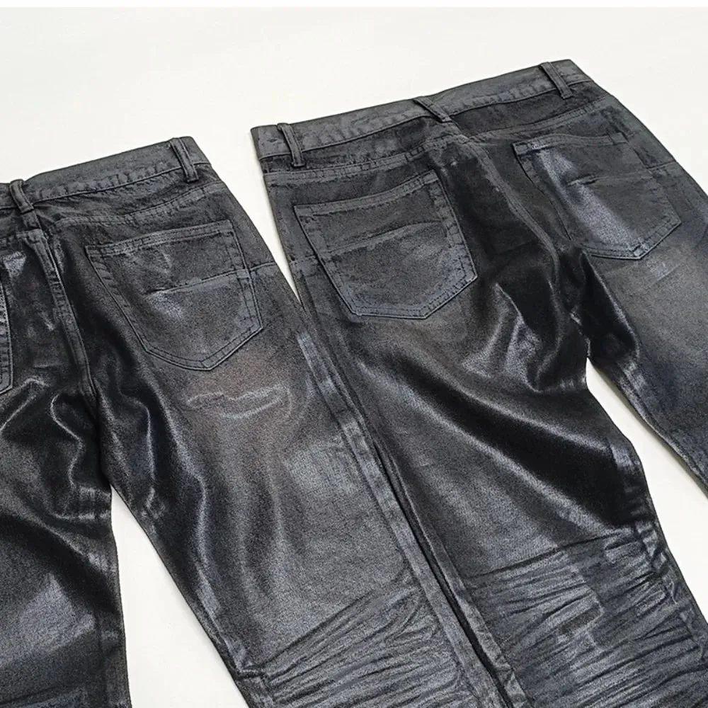 High Street Black Glue Wax Pants Women's Slim Fit Straight Leg Cat Whisker Jeans Streetwear Casual Denim Pants Men Clothing