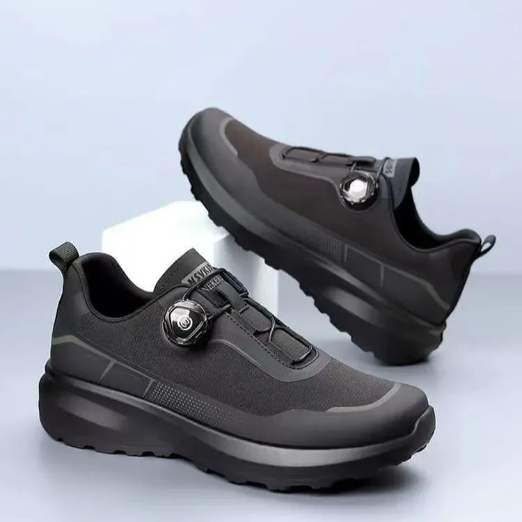 Men's Casual Running Shoes with Rotating Button Black Slip Resistant Thick Sole Outdoor Sports Sneakers for Commuting
