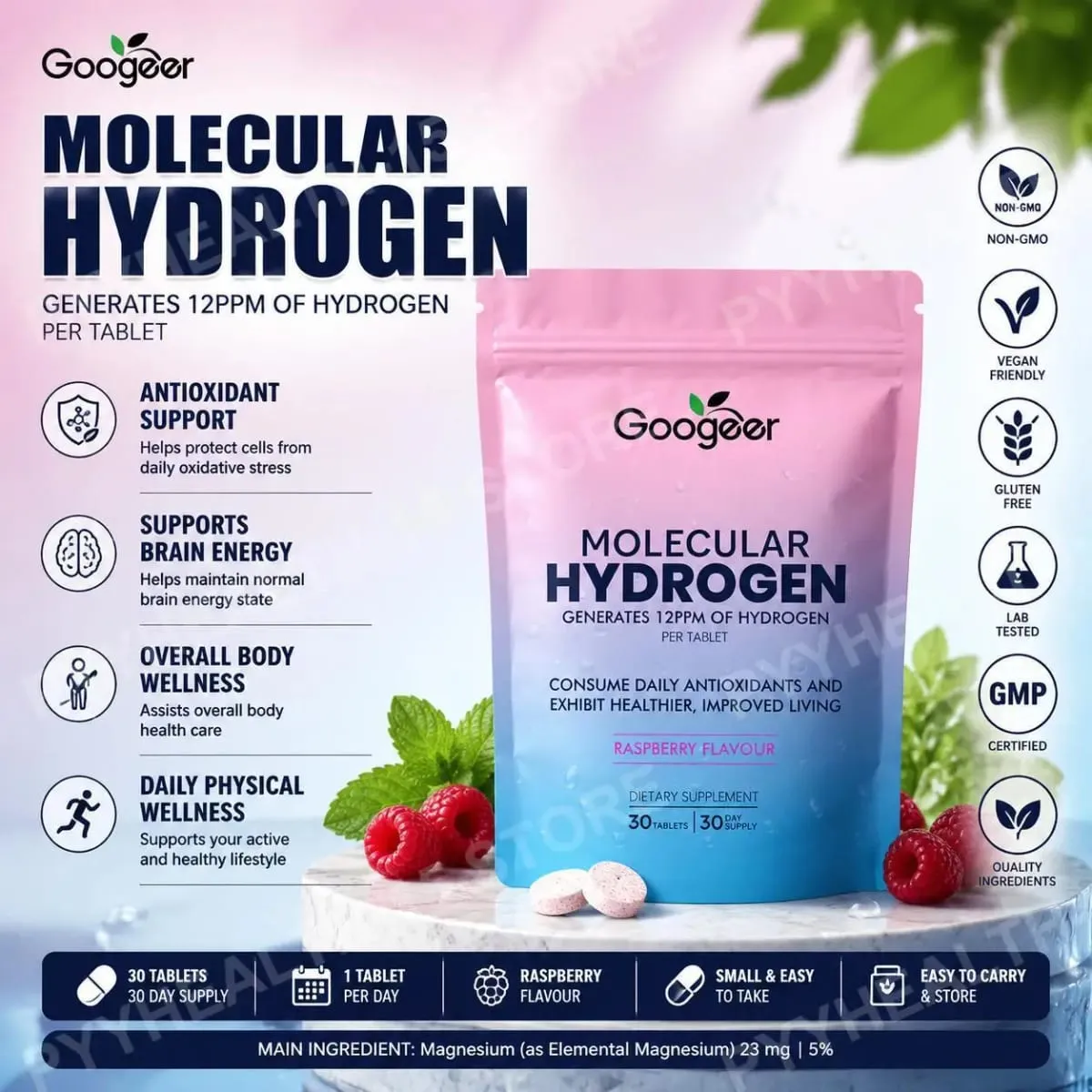 Molecular Hydrogen Water Tablets 12 PPM with Magnesium Raspberry Flavor Daily Wellness and Antioxidant Support 30 Tablets