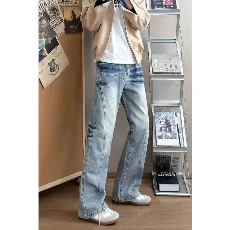 Men's Lightning Pattern Denim Jeans High Street Style Spring Blue Loose Fit Flared Pants Y2K Korean Fashion Tall Size