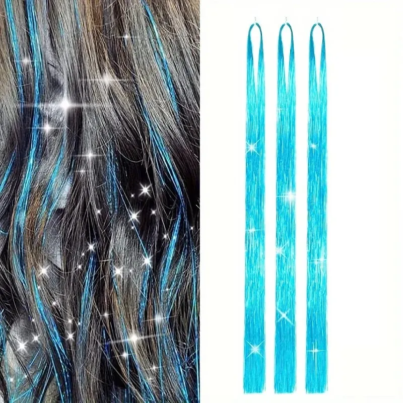 90cm Syntetisk 3st/set Regnbågsfärgat glänsande hår Laser Tinsel Långt rakt Värmebeständigt Fairy Hair Extension Party Dagligen