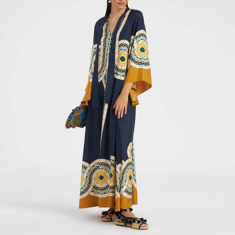 Ethnic ρετρό ανοιξιάτικο τύπωμα Boho μακρύ φόρεμα Γυναικείο σέξι όρθιο γιακά με κορδόνια φόρεμα φθινοπώρου μακρυμάνικο φαρδύ γυναικεία μάξι φορέματα