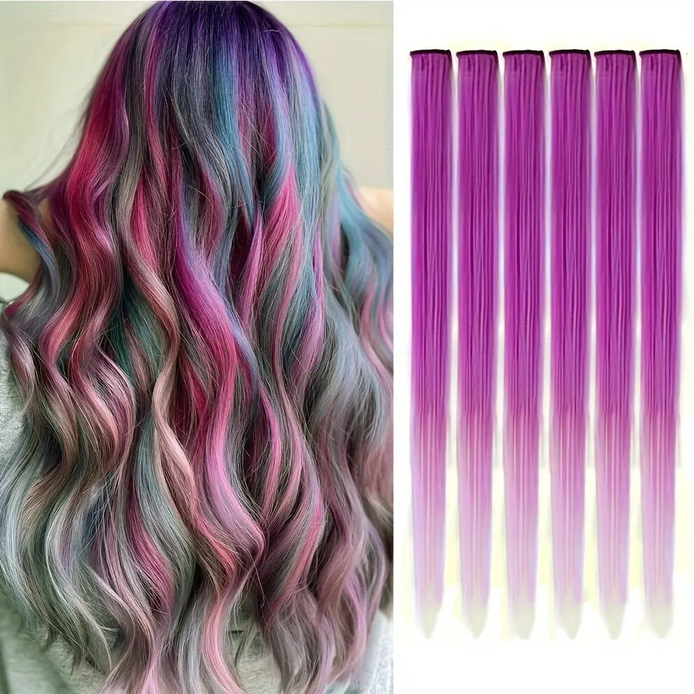 6pcs/pack Colored Party Highlights Clip in Hair Extensions 22 inches Multi-colors Straight Hair Synthetic Hairpieces