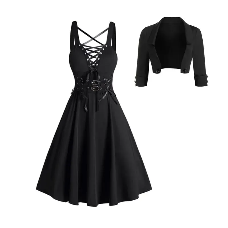 2025 Womens Gothic Dresses Sets Solid Color Open Front Crop Jacket and Lace Up Buckle Strap Crisscross Dress Outfit