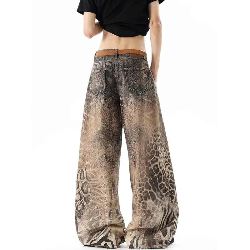 Washed Brown Distressed Leopard Printed Loose Men's Jeans Streetwear Casual Wide Leg Denim Long Pants Summer New
