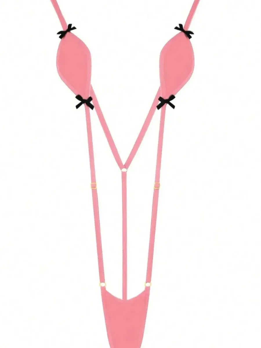 Adjustable Belt Mini-Bikini Lingerie with Suspenders Kawaii Bow-Knot Detail Sexy Erotic Swimsuit Jumpsuit for Women