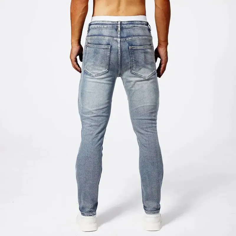 Two tone distressed patchwork jeans for men trendy jeans for summer thin straight leg pants slim fit small leg distressed jeans