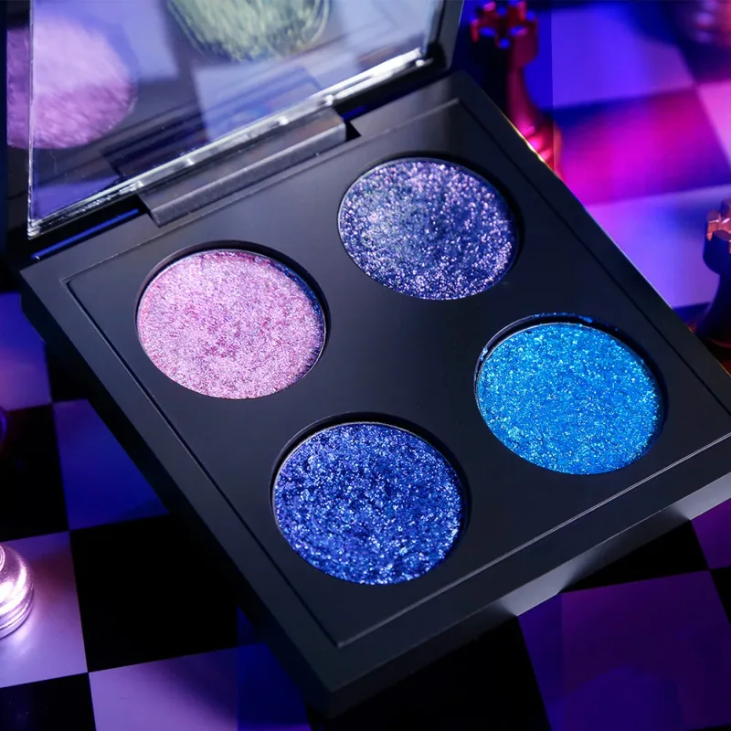 Paleta de sombras camaleão vegano de 4 cores, maquiagem de marca própria, atacado, logotipo personalizado, sombra de olhos com mudança de cor