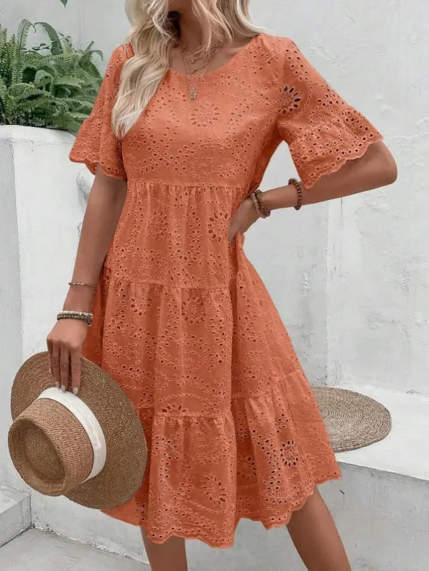 Nữ Trắng Silicon Thêu Đầm Midi Khoét Hở Boho Flowy Xù Tầng Váy Đầm Ngắn Tay Đi Biển Mùa Hè Áo — image 8
