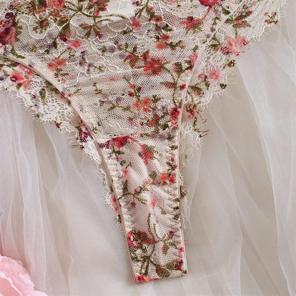 Krasapt francês flor bordado lingerie 2 peças conjuntos de renda extravagante retalhos ver através de sutiãs e calcinhas ternos sexy roupas eróticas — image 6