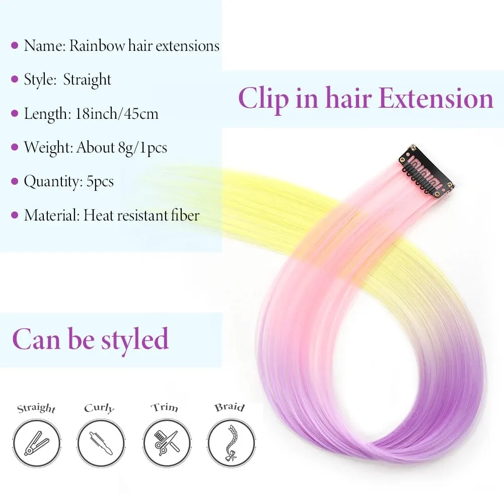5PCS/set Clip in Hair Extensions Synthetic Hairpieces Colored Party Highlights for Girls 18 inches Multi-colors Straight Hair