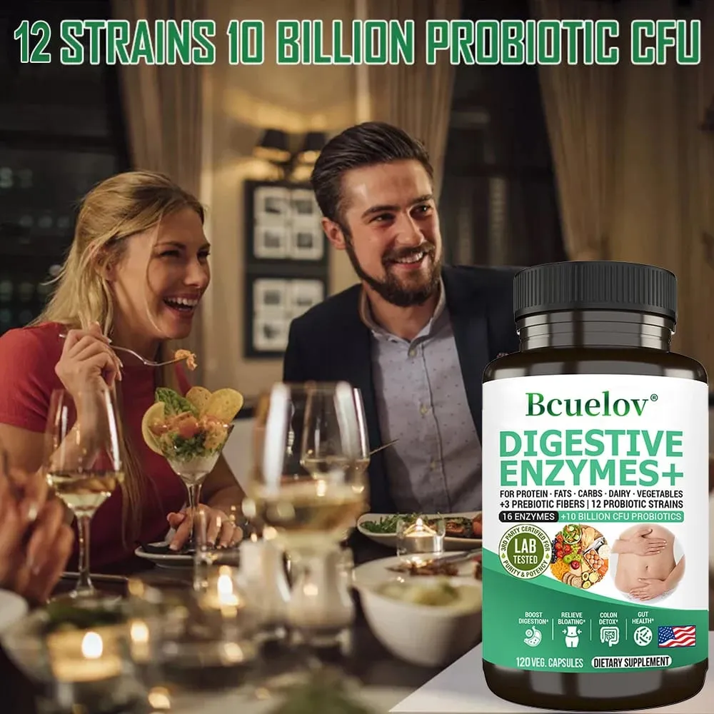 Digestive Enzyme Supplement - 3 Prebiotics 12 Probiotics 10 Billion CFU - Digestion Nutrient Absorption Colon Detoxification