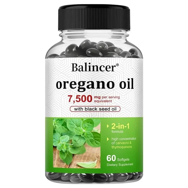 오레가노 오일 7 500 Mg(블랙 씨드 오일 포함) – 높은 카르바크롤 지원 소화기 뼈 신경 근육 및 면역 건강
