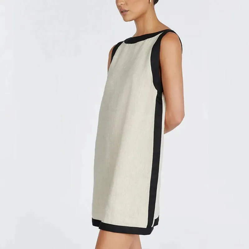 Chic Linen Summer Women Dress 2024 Solid Sleveelss Pacthwork Basic Tank Dress Elegant Ladies Dresses Summer Sale Boho Sundress