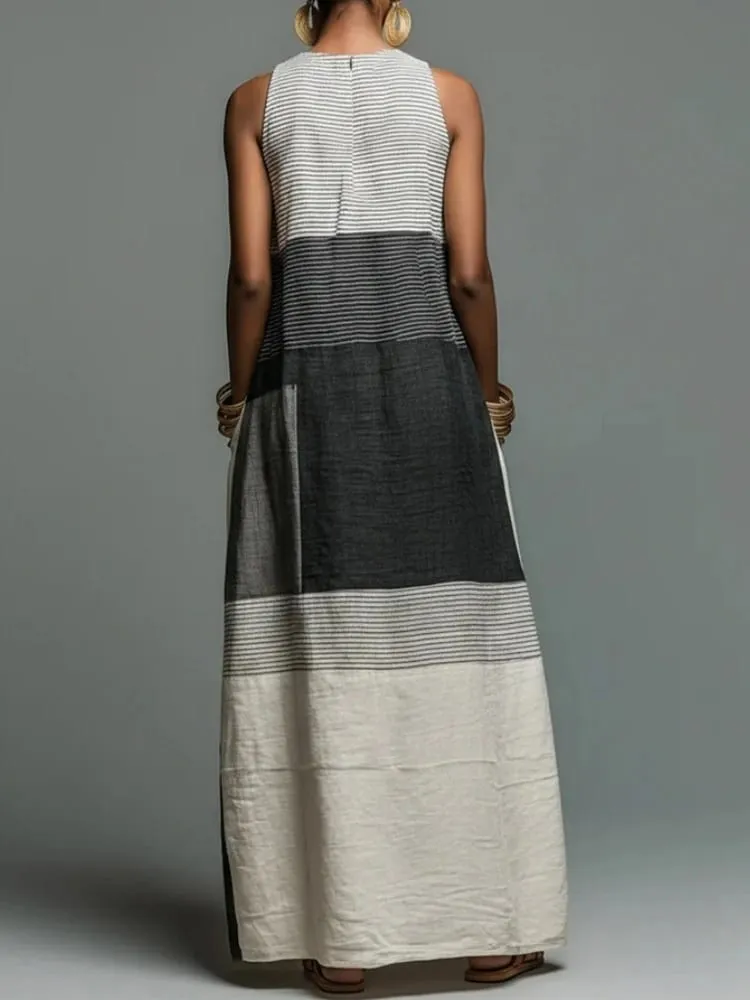 Summer Women Maxi Dress Stylish Color-Block Patchwork Loose Sleeveless Tank Long Dress Trendy Fashion Casual Pocket Dresses