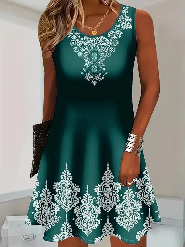 3D Floral Pattern Retro Women Mini Dresses Summer Sleeveless Flower Printed Street Ladies Dress 3XL Plus Size Casual Dress Tees