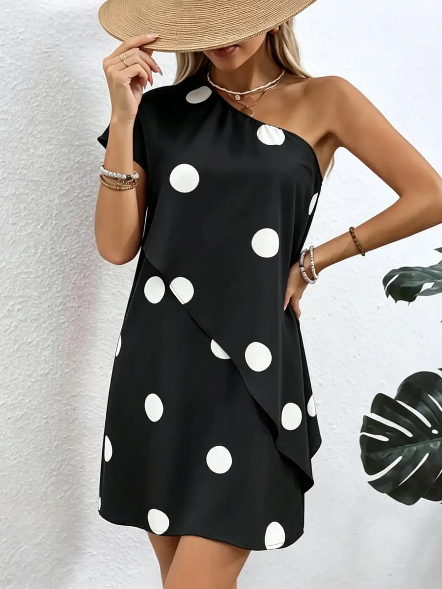 Ladies Elegant Casual Simple Polka Dot Print Ruffle Hem Dress Women's Fashion Round Neck Short Sleeve Dress