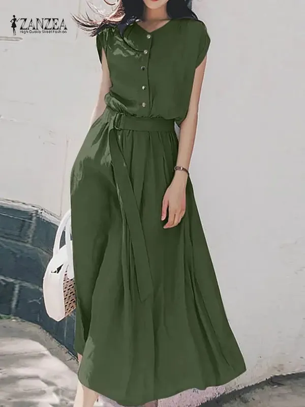 2025 ZANZEA ผู้หญิงแฟชั่นแขนสั้นฤดูร้อน Elegant Party Vestidos Casual กลางลูกวัว Sundress Femme Vintage OL Robe Kaftan